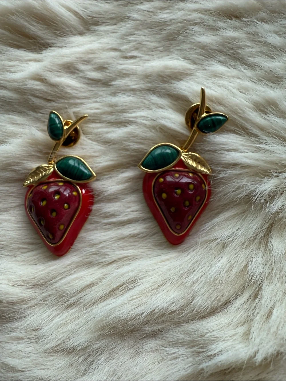 Gold-Tone Strawberry Drop Earrings with Red and Green Enamel